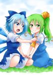  2girls blue_bow blue_dress blue_eyes blue_hair bow cirno daiyousei dress fairy_wings grass green_eyes green_hair hair_bow hair_ribbon ice ice_wings kneeling multiple_girls open_mouth pointing ribbon short_hair short_sleeves side_ponytail touhou translucent_hair unya wings 
