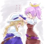  2girls ^_^ ^o^ adjusting_another&#039;s_clothes blonde_hair blush_stickers bow bracelet closed_eyes cowboy_shot dress hair_ribbon hat hat_bow jewelry long_hair multiple_girls open_mouth ponytail profile purple_hair ribbon short_hair siblings sisters sketch smile touhou translated unya violet_eyes watatsuki_no_toyohime watatsuki_no_yorihime younger 