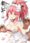  1girl 2016 animal_ears apron bell bell_collar breasts caster_(fate/extra) cleavage collar collarbone fang fate/grand_order fate_(series) fox_ears fox_tail hair_ribbon heart large_breasts long_hair looking_at_viewer naked_apron one_eye_closed open_mouth pink_hair ribbon sandarumi solo speech_bubble tail tamamo_cat_(fate/grand_order) thigh-highs white_legwear yellow_eyes 