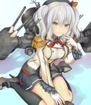 1girl blue_eyes em_s gloves hat kantai_collection kashima_(kantai_collection) long_hair miniskirt silver_hair skirt smile solo turret twintails uniform wavy_hair 