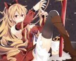  1girl bare_shoulders black_legwear blonde_hair boots bow breasts brown_boots cross-laced_footwear dress flower granblue_fantasy hair_between_eyes hair_bow hair_ornament hatsuko hibiscus lace-up_boots long_hair looking_at_viewer lying on_back ponytail red_eyes short_dress solo thigh-highs vira 