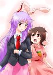  2girls animal_ears black_hair blazer carrot_necklace eye_contact holding_arm inaba_tewi long_hair looking_at_another multiple_girls necktie purple_hair rabbit_ears red_eyes red_necktie reisen_udongein_inaba short_hair short_sleeves smile touhou unya 