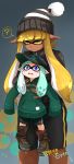  2girls ? aqua_hair baseball_cap beanie bike_shorts blonde_hair blue_eyes dark_skin domino_mask fangs hat highres holding hoodie inkling long_hair long_sleeves mask multiple_girls oversized_clothes pointy_ears shoes short signature single_vertical_stripe splatoon tall tears tentacle_hair translated yellow_eyes yonerinoko_(banberabu) younger 