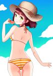  1girl ass bikini from_behind grapefruit green_eyes hat inkcinkc original redhead short_hair smile straw_hat swimsuit 