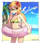  1girl beach bike_shorts bikini clouds cloudy_sky copyright_name cowboy_shot domino_mask front-tie_top green_bikini holding inkling innertube long_hair looking_at_viewer mask okaman orange_eyes orange_hair palm_tree pointy_ears polka_dot side-tie_bikini sky smile solo splatoon swimsuit tentacle_hair tree twitter_username 