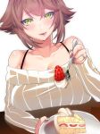  1girl :d alternate_costume bangs blush bra_strap breast_rest breasts brown_hair collarbone eyebrows eyebrows_visible_through_hair feeding food fork fruit green_eyes highres hohehohe holding_fork holding_plate jewelry kantai_collection large_breasts mutsu_(kantai_collection) nail_polish off_shoulder open_mouth plate pov_feeding ribbed_sweater ring short_hair simple_background slice_of_cake smile solo strawberry sweater table upper_body white_background 