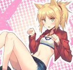  1girl animal_ears blonde_hair blush breasts cat_ears cleavage cropped_jacket cutoffs denim denim_shorts dutch_angle fate/grand_order fate_(series) g.t green_eyes highres jewelry kemonomimi_mode midriff navel necklace open_mouth paw_pose ponytail saber_of_red short_shorts shorts sitting small_breasts solo strapless tubetop 