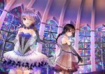  2girls black_eyes black_gloves black_hair braid breasts cleavage dress elbow_gloves gloves holding_microphone long_hair looking_at_viewer luo_tianyi multiple_girls one_eye_closed open_mouth purple_hair smile strapless_dress twintails violet_eyes vocaloid vocanese xiao_guiling yuezheng_ling 