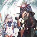  2boys armor blonde_hair blue_eyes blush bow_(weapon) cape fire_emblem fire_emblem_if gloves grey_hair heart holding_hands horse kariya_(mizore) leaf leon_(fire_emblem_if) long_hair multiple_boys ponytail red_eyes takumi_(fire_emblem_if) translation_request weapon 