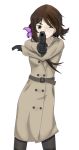  1girl aiming aiming_at_viewer belt brown_hair coat cowboy_shot endlessgr8 flower gloves green_eyes gun hair_flower hair_ornament high_resolution looking_at_viewer murasaki_asia one_eye_closed original panythose pistol prosthesis prosthetic_hand standing trenchcoat walther weapon white_background wind 
