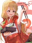  &gt;:d 1girl 2016 :d blonde_hair brown_eyes chopsticks food futaba_anzu happy_new_year heart idolmaster idolmaster_cinderella_girls japanese_clothes kimono lobster low_twintails mossi mushroom new_year obentou open_mouth saliva shrimp smile stuffed_animal stuffed_bunny stuffed_toy twintails 