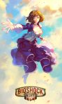  1girl 9gui2 artist_name bioshock bioshock_infinite blue_dress blue_eyes blue_sky breasts brown_hair choker clouds dress elizabeth_(bioshock_infinite) foreshortening full_body logo midair signature sky solo teeth 