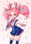  1girl 2015 :p artist_name badge bishoujo_senshi_sailor_moon blouse blue_legwear blue_skirt bow candlefish chibi_usa cowboy_shot double_bun hair_bow heart heart_background overalls pink_hair red_eyes shirt short_hair skirt solo striped striped_bow thigh-highs tongue tongue_out twintails white_background white_shirt 