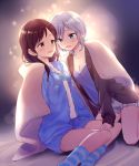  2girls anastasia_(idolmaster) blanket blue21 blue_eyes brown_eyes brown_hair fluffy_legwear hoodie idolmaster idolmaster_cinderella_girls long_hair loungewear multiple_girls nitta_minami pom_pom_(clothes) short_hair silver_hair smile striped striped_legwear 