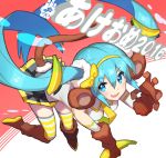  1girl 2016 :d banana blue_eyes blue_hair food fruit hairband happy_new_year hatsune_miku highres long_hair looking_at_viewer monkey_ears monkey_tail new_year open_mouth saitou_naoki skirt smile solo striped striped_legwear thigh-highs translated very_long_hair vocaloid 