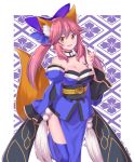  1girl animal_ears bare_shoulders blue_legwear bow breasts cleavage collarbone detached_sleeves fate/extra fate/grand_order fate_(series) fox_ears fox_shadow_puppet fox_tail hair_bow hair_ribbon japanese_clothes large_breasts looking_at_viewer mystmu open_mouth pink_hair ribbon solo tail tamamo_(fate)_(all) tamamo_no_mae_(fate) thigh-highs yellow_eyes 
