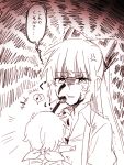  1boy 1girl anger_vein blush calligraphy_brush character_request commentary_request fujiwara_no_mokou hair_ribbon miniboy monochrome musical_note paint_on_face paintbrush ribbon six_(fnrptal1010) spoken_musical_note touhou translation_request 