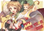  1girl 2016 brown_hair fang happy_new_year hat highres japanese_clothes looking_at_viewer monkey new_year open_mouth original outstretched_arms red_eyes shinonome_haru short_hair tate_eboshi wide_sleeves 