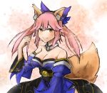  1girl animal_ears bare_shoulders bow breasts caster_(fate/extra) cleavage detached_sleeves fate/extra fate/grand_order fate_(series) fox_ears fox_tail hair_bow hair_ribbon highres japanese_clothes long_hair pink_hair ribbon solo tail twintails yellow_eyes 