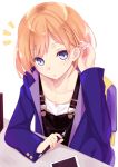  1girl adjusting_hair blue_eyes blush brown_hair cellphone looking_at_viewer miyamori_aoi pen phone shirobako short_hair sitting smartphone solo wankoo-mikami 