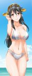  1girl beach bikini black_hair blue_sky breasts brown_eyes byeontae_jagga cleavage clouds collarbone hair_between_eyes hair_tucking haruna_(kantai_collection) headgear highres kantai_collection long_hair looking_at_viewer navel ocean outdoors sky smile solo string_bikini swimsuit under_boob very_long_hair white_bikini white_swimsuit 