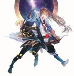  2boys armor armored_boots arrow blonde_hair boots bow_(weapon) cape constellation fire_emblem fire_emblem_if gauntlets gloves grey_hair highres kariya_(mizore) leon_(fire_emblem_if) long_hair multiple_boys ponytail red_eyes simple_background star star_(sky) sword takumi_(fire_emblem_if) weapon white_background yellow_eyes 