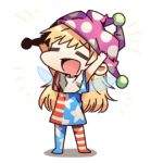  1girl american_flag_legwear american_flag_shirt arms_up blonde_hair closed_eyes clownpiece commentary_request fairy_wings hat jester_cap lowres open_mouth ori_(yellow_duckling) pantyhose solo touhou wings 