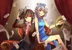  2girls black_hair blue_dress china_dress chinese_clothes doll dress feng_you green_eyes hairband hat luo_tianyi multiple_girls necktie red_eyes red_necktie short_hair silver_hair smile vocaloid yuezheng_ling 