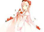  1girl braid flower grey_eyes hair_flower hair_ornament hanbok hand_on_own_chest korean_clothes leaf long_hair looking_at_viewer lp_(hamasa00) one_side_up original pink_hair plant simple_background solo very_long_hair white_background 