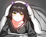  1girl animal_ears black_hair blake_belladonna cat_ears highres long_hair looking_at_viewer ndgd_(bean1215) pajamas rwby solo under_blanket yellow_eyes 