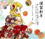  1girl bishoujo_senshi_sailor_moon blonde_hair double_bun earrings flower hair_flower hair_ornament japanese_clothes jewelry long_hair looking_at_viewer looking_back red_rose rose sarashina_kau solo translation_request tsukino_usagi twintails white_rose 