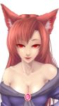  1girl animal_ears breasts brooch brown_hair cleavage collarbone dress fangs highres imaizumi_kagerou jewelry lips long_hair long_sleeves looking_at_viewer open_mouth red_eyes simple_background smile solo touhou white_background wide_sleeves wolf_ears xianjian_lingluan 