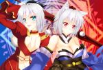  2girls aestus_estus animal_ears ass blue_eyes blush breasts caster_(fate/extra) caster_(fate/extra)_(cosplay) cleavage detached_sleeves dress epaulettes fate/extra fate_(series) hair_ribbon hairband hat inubashiri_momiji japanese_clothes konpaku_youmu large_breasts looking_at_viewer looking_back multiple_girls open_mouth red_eyes ribbon saber_extra saber_extra_(cosplay) short_hair silver_hair smile sword tokin_hat touhou weapon wolf_ears 