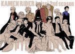 6+boys armor bad_id bad_pixiv_id couch date_akira dress_shirt fidgeting formal fukami_makoto grin hat hat_removed headwear_removed hidari_shoutarou hino_eiji hood hooded_jacket jacket kamen_rider kamen_rider_drive_(series) kamen_rider_fourze_(series) kamen_rider_gaim_(series) kamen_rider_ghost_(series) kamen_rider_ooo_(series) kamen_rider_w kamen_rider_wizard_(series) kazuraba_kouta kisaragi_gentarou kumon_kaito monochrome multiple_boys nitou_kousuke one_eye_closed philip_(kamen_rider) pompadour sakuta_ryuusei shijima_gou shirt sitting smile souma_haruto spot_color suit tailcoat tenkuuji_takeru terui_ryuu tomari_shinnosuke tougou_kazuki vest