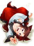  1girl animal_ears barefoot blouse brooch brown_hair fangs fingernails foreshortening heart imaizumi_kagerou jewelry long_fingernails long_hair looking_at_viewer lying multicolored_hair nail_polish on_back open_mouth reaching red_eyes red_nails redhead skirt smile solo tail touhou unya upside-down wolf_ears wolf_tail 