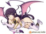  1girl bangs breasts cleavage demon_girl demon_tail demon_wings earrings elbow_gloves frills garter_straps gloves highres jewelry large_breasts lilim_(shinkai_no_valkyrie) long_hair mismatched_gloves no_panties pointy_ears purple_hair revision shinkai_no_valkyrie sketch smile solo spike_wible succubus tail transparent_background violet_eyes watermark web_address white_gloves white_legwear wings 