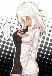  1girl alternate_costume arm_behind_back breasts colored_eyelashes dark_skin dress expressionless guilty_gear guilty_gear_xrd hair_between_eyes hand_on_own_chest long_hair looking_at_viewer open-chest_sweater ramlethal_valentine ribbed_sweater sweater sweater_dress turtleneck white_hair yellow_eyes you-ki_(youki_free) 
