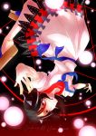  1girl absurdres black_hair bow danmaku dress english glowing glowing_eyes grin highres horns ieka kijin_seija magic_circle multicolored_hair outstretched_arms red_eyes sandals short_hair short_sleeves smile solo streaked_hair touhou upside-down 