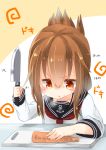  1girl anchor_symbol blush brown_eyes brown_hair carrot commentary_request concentrating cutting_board folded_ponytail gurantsu inazuma_(kantai_collection) kantai_collection knife school_uniform serafuku solo sweat triangle_mouth 