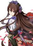  1girl black_dress brown_hair cccpo dress flower granblue_fantasy grey_eyes hair_flower hair_ornament layered_dress long_hair looking_at_viewer looking_back petals red_dress rosetta_(granblue_fantasy) smile solo sword very_long_hair weapon 