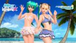  2girls 3d aqua_eyes aqua_hair beach bikini bikini_skirt blonde_hair copyright_name crossover dead_or_alive dead_or_alive_xtreme flat_chest hair_ribbon hatsune_miku long_hair looking_at_viewer marie_rose multiple_girls navel official_art open_mouth outstretched_hand palm_tree ribbon scrunchie small_breasts smile swimsuit tree twintails vocaloid wallpaper watermark waving web_address 