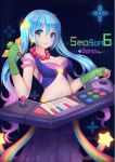  1girl arcade_sona blue_eyes blue_hair breasts cleavage earrings gloves hanami_dango_(zzldango) highres jewelry league_of_legends long_hair multicolored_hair necklace revision smile sona_buvelle star twintails ward 