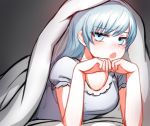  1girl blue_eyes blush highres long_hair looking_at_viewer ndgd_(bean1215) open_mouth pajamas rwby scar solo under_blanket weiss_schnee white_hair 