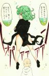  1boy 1girl absurdres bald black_dress dress floating green_eyes green_hair highres mehonobu_g onepunch_man saitama_(onepunch_man) side_slit solo_focus tatsumaki translation_request white_cape 