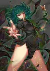  1boy 1girl aurora_rokudo bald black_dress curly_hair dress flying green_eyes green_hair highres onepunch_man pelvic_curtain rock saitama_(onepunch_man) short_hair smile solo_focus tatsumaki telekinesis 