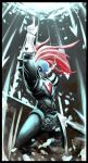 1girl armor arrow black_sclera blue_skin energy_spear energy_weapon eyeshadow flaming_eye grin head_fins heart highres holding_spear monster_girl plastic-brain pointing pointing_up polearm ponytail red_eyeshadow redhead sharp_teeth smile solo spear spoilers tagme undertale undyne undyne_the_undying weapon white_pupils yellow_eyes