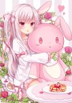  1girl amashiro_natsuki bear_print doll_hug dress flower hair_ribbon heart juliet_sleeves long_hair long_sleeves looking_at_viewer open_mouth original pancake pink_eyes plate puffy_sleeves red_rose ribbon rose silver_hair solo striped striped_background stuffed_animal stuffed_bunny stuffed_toy table twintails very_long_hair white_dress wide_sleeves 