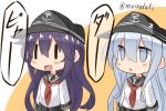  2girls akatsuki_(kantai_collection) blue_hair chibi grey_eyes hat hibiki_(kantai_collection) kantai_collection long_hair multiple_girls musouzuki neckerchief open_mouth school_uniform serafuku silver_hair skirt smile twitter_username |_| 