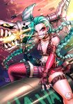  1girl aqua_hair bandolier braid bullet fingerless_gloves flat_chest gloves grenade_pin grin jewelry jinx_(league_of_legends) kenron_toqueen league_of_legends lips long_hair mouth_hold necklace pink_eyes rocket rocket_launcher shorts single_thighhigh smile solo straddling tattoo thigh-highs twin_braids very_long_hair weapon 