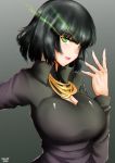  1girl black_dress black_hair breasts dress fubuki_(onepunch_man) glowing glowing_eyes green_eyes highres jewelry large_breasts looking_at_viewer necklace norman_maggot onepunch_man short_hair solo upper_body 